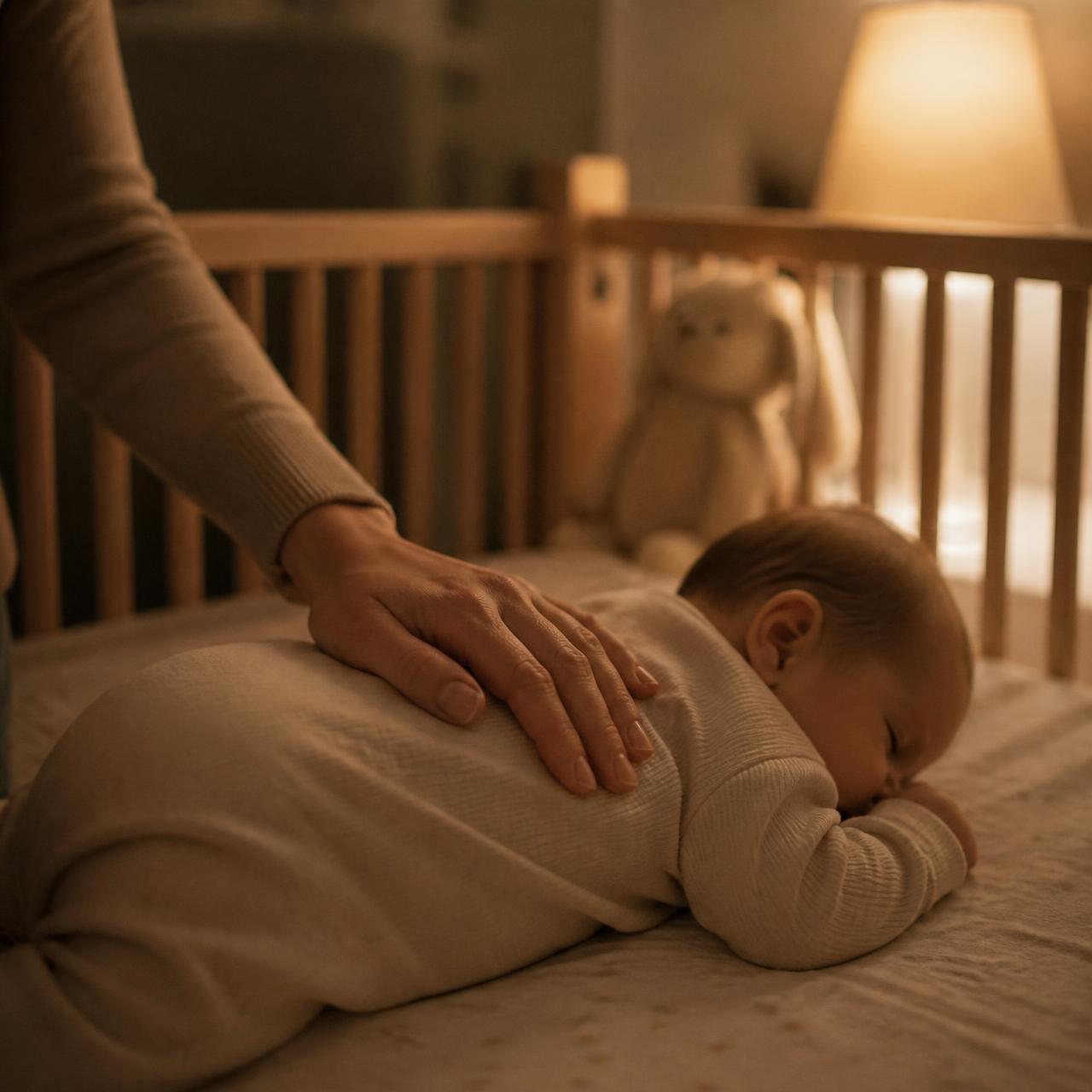 Mão de mãe acariciando bebê adormecido no berço